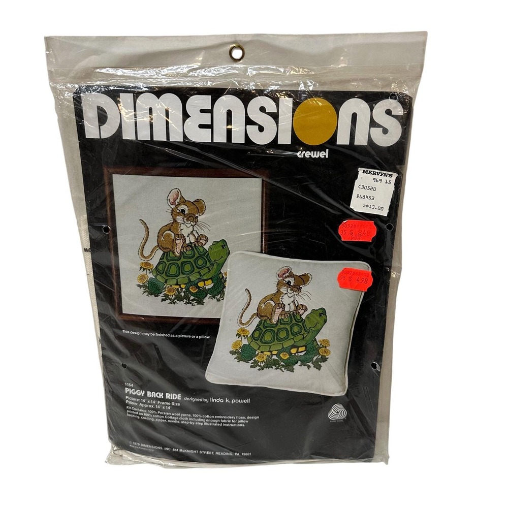 Vtg Dimensions Piggy Back Ride Crewel Embroidery Kit 1154 Mouse Turtle 1979